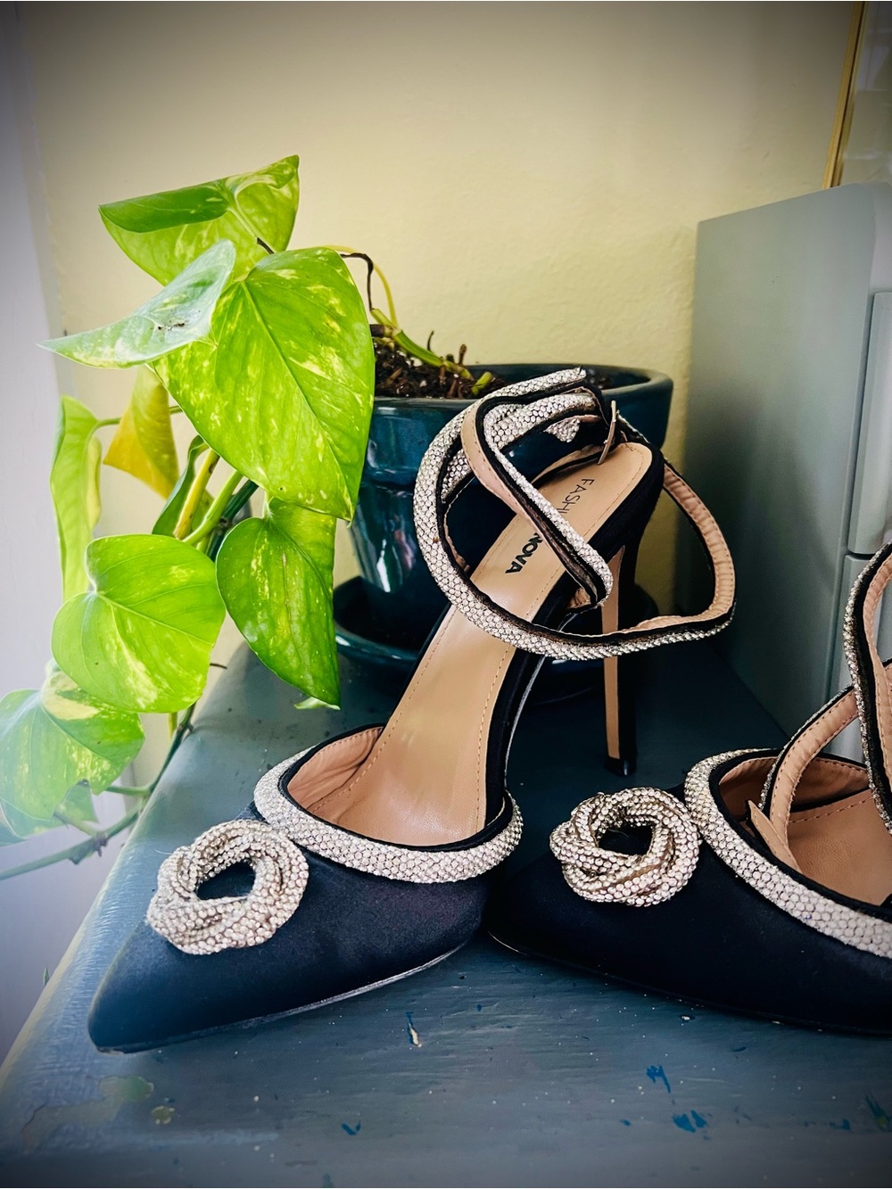 Fashion Nova Witchy Black Satin Heels with Pointed Toes & Rhinestone Accents